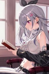 1girl 4kimizuki absurdres belt black_belt black_jacket book breasts commentary_request crop_top crown_hair_ornament earclip grey_hair highres holding holding_book hololive hololive_dev_is indoors isaki_riona jacket long_hair midriff multicolored_nails navel navel_piercing piercing reading red_eyes smile solo virtual_youtuber