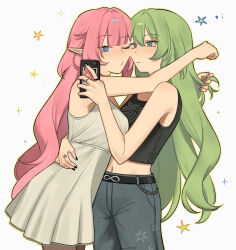 Rule 34 | 2girls, alternate costume, black tank top, blue eyes, breasts, denim, dress, earrings, elf, elysia (honkai impact), fishnet pantyhose, fishnets, green hair, highres, holding, holding phone, honkai (series), honkai impact 3rd, jeans, jewelry, large breasts, long hair, midriff, mobius (honkai impact), multiple girls, navel, pants, pantyhose, phone, pink hair, pointy ears, rena ( rrena), selfie, star (symbol), tank top, white background, white dress, yuri
