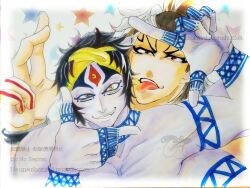 2boys arm_tattoo bandana black_hair blue_tattoo clenched_teeth collarbone colored_skin extra_arms extra_eyes fangs finger_frame hand_on_own_shoulder hands_up looking_at_viewer male_focus multicolored_hair multiple_boys multiple_eyes open_mouth peace pectorals ponytail raiden_tameemon_(shuumatsu_no_valkyrie) red_tattoo shirtless_male shiva_(shuumatsu_no_valkyrie) short_hair shoulder_tattoo shuumatsu_no_valkyrie star_(symbol) star_symbol_background streaked_hair tattoo teeth thick_eyebrows third_eye tongue tongue_out topless_male two-tone_hair uneven_eyes upper_body upper_teeth_only v white_hair wrist_tattoo yellow_bandana yellow_eyes