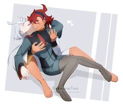 Rule 34 | 2girls, artist name, asticassia school uniform, barefoot, between legs, black hairband, black pantyhose, closed eyes, commentary, english commentary, green jacket, green skirt, gundam, gundam suisei no majo, hairband, heart, highres, hug, hug from behind, icejasminetea, jacket, ko-fi logo, ko-fi username, long hair, long sleeves, miorine rembran, multiple girls, open mouth, pantyhose, red hair, school uniform, shorts, skirt, smile, suletta mercury, thick eyebrows, toes, watermark, web address, white hair, white jacket, white shorts, yuri