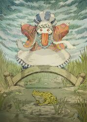 1other absurdres animal arms_up bow bridge chef_hat cloud cloudy_sky commentary_request dress final_fantasy final_fantasy_ix frilled_dress frilled_hat frills frog gloves grass hat highres outdoors patterned_clothing quina_quen rock shinichi_kobe sky standing striped_clothes striped_headwear tongue tongue_out wooden_bridge