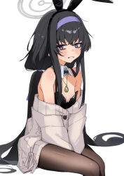 1girl absurdres alternate_costume animal_ear_hairband animal_ears bags_under_eyes black_hair black_leotard blue_archive blue_hairband bow bowtie brown_halo cardigan crossed_bangs detached_collar fake_animal_ears grey_cardigan hairband halo highres kilabo leotard long_hair looking_at_viewer low_twintails nervous_smile pantyhose playboy_bunny rabbit_ear_hairband rabbit_ears smile solo strapless strapless_leotard traditional_bowtie twintails ui_(blue_archive) white_background