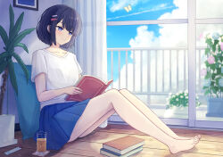 1girl bare_legs barefoot blue_eyes blue_skirt blue_sky blurry blurry_background blush book bug butterfly closed_mouth collarbone cup curtains day drinking_glass enokitake feet full_body hair_ornament holding holding_book indoors insect knees_up legs medium_hair miniskirt on_ground open_book original plant pleated_skirt potted_plant purple_hair reading shadow shirt short_sleeves sitting skirt sky smile solo toenails toes white_shirt window wooden_floor