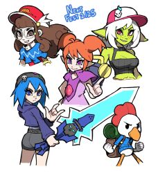 4girls \m/ bandaid bandaid_on_face bandaid_on_nose beak beanie beebz_(demon_turf) bird blue_eyes blue_hair brown_eyes brown_hair character_request chicken colored_skin commentary cornflowerblue demon_turf dress english_commentary female_goblin freckles geargrit genokids goblin green_skin grey_shorts haste:_broken_worlds hat highres holding holding_sword holding_weapon looking_at_viewer multiple_girls nugget_(paperklay) orange_hair paperklay parted_lips peaked_cap pointy_ears purple_dress purple_eyes red_eyes round_eyewear scar scar_on_face short_hair shorts simple_background smile sword tansy_(geargrit) weapon white_background white_hair