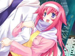 1boy 1girl :d arm_hug blue_eyes game_cg kamina_sana mutsumi_masato open_mouth pink_hair shimaima. smile tagme yuuki_asuma
