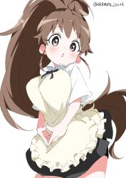Rule 34 | 1girl, absurdres, ahoge, apron, bike shorts, bike shorts under skirt, black shorts, black skirt, breasts, cropped legs, highres, large breasts, light blush, long hair, looking at viewer, open mouth, own hands together, ponytail, shirt, short sleeves, shorts, simple background, skirt, solo, standing, taneshima popura, waitress, white background, white gorilla (okamoto), white shirt, working!!, yellow apron