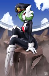 Rule 34 | 10s, 1girl, artist name, black bodysuit, black collar, black hat, bodysuit, boku no hero academia, boots, breasts, center opening, clothed pokemon, collar, cosplay, day, female focus, full-length zipper, gardevoir, gen 3 pokemon, green hair, hair over one eye, hand on own knee, hat, looking at viewer, medium breasts, nintendo, no feet, outdoors, parted lips, peaked cap, pokemon, red eyes, rilex lenov, rock, sitting, sky, solo, spikes, unzipped, utsushimi kemii, utsushimi kemii (cosplay), zipper, zipper pull tab