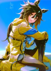 1girl animal_ears black_boots black_gloves black_pants boots brown_eyes brown_hair character_name coat gloves goggles goggles_around_neck gradient_hair hair_between_eyes highres horse_ears horse_girl horse_tail knee_boots long_hair long_sleeves looking_at_viewer multicolored_hair ooo8_q open_mouth pants shirt sitting solo stay_gold_(umamusume) tail torn_clothes torn_pants umamusume yellow_coat