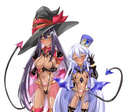 Rule 34 | 2girls, areola slip, black gloves, black hair, blue hair, blush, breasts, corruption, covered erect nipples, dark-skinned female, dark skin, demon girl, demon tail, demon wings, elbow gloves, fellatio gesture, genderswap, genderswap (mtf), gloves, hat, heart, large breasts, logia13laplace, long hair, looking at viewer, multiple girls, navel, pubic tattoo, sentai red ga isekai de boukensha ni naru, simple background, slave gear, slingshot swimsuit, small breasts, smile, swimsuit, symbol-shaped pupils, tail, tattoo, teltina liz wagrel alvarost, thighhighs, tongue, tongue out, very long hair, white background, wings, witch hat, yellow eyes, yihdra arvoln