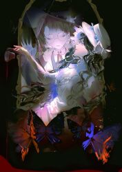 Rule 34 | 2girls, black background, black hair, blue butterfly, bow, broken mirror, brown hair, bug, butterfly, closed eyes, cup, different reflection, dress, fire, glasses, gloves, green headwear, hand up, hat, hat bow, highres, holding, holding cup, insect, isolde (reverse:1999), juliet sleeves, kakania (reverse:1999), long hair, long sleeves, mirror, multiple girls, neck ribbon, profile, puffy sleeves, purple eyes, red ribbon, reflection, reverse:1999, ribbon, round eyewear, shirt, shouka (ly880217), upper body, white bow, white dress, white headwear, white shirt, yellow gloves