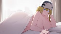 1girl absurdres bed bed_sheet blonde_hair blue_eyes braid breasts cleavage girls&#039;_frontline girls&#039;_frontline_2:_exilium hair_tie hand_on_own_cheek hand_on_own_face hat highres holding_hands huge_breasts large_breasts lying medium_hair mosin-nagant_(girls&#039;_frontline) mosin-nagant_(girls&#039;_frontline_2) navel nude on_bed on_side plump sai_skx sainee saiskh side_braid smile under_covers ushanka wide_hips