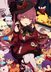 1girl absurdres blush bow breasts character_doll character_request check_character check_copyright cleavage copyright_request corset creatures_(company) detached_sleeves dress drill_hair earrings flower game_freak gen_1_pokemon gloves hamtaro_(series) hand_on_own_chin hat hat_chain hat_flower heart heart_earrings heterochromia highres hololive houshou_marine jewelry katsuragi_misato konpaku_youmu korilakkuma koushi_(hamtaro) leg_ribbon lio_fotia long_hair looking_at_viewer neon_genesis_evangelion nintendo open_mouth pantyhose pikachu pocket_watch pokemon promare red_eyes red_hair remini_(scenceremini) ri_kouran ribbon rilakkuma rose sakura_taisen san-x sitting sleeveless sleeveless_dress solo stuffed_alpaca stuffed_animal stuffed_pig stuffed_toy tablet_pc teddy_bear touhou very_long_hair virtual_youtuber watch yellow_eyes