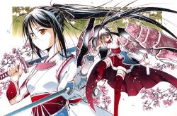 1girl adapted_uniform armor bad_id bad_pixiv_id black_hair brown_eyes cherry_blossoms japanese_clothes katana miko moonsorrow original ponytail sword thighhighs weapon