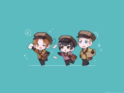 3boys ^^^ ahoge arm_up axis_powers_hetalia bag beret black_gloves black_hair black_pants black_shoes blonde_hair blue_background blue_eyes blunt_ends blush bow bowtie box brown_bag brown_bow brown_bowtie brown_eyes brown_hair brown_hat brown_jacket buttons chibi chibi_only collared_shirt envelope full_body germany_(hetalia) gloves hat highres holding holding_bag holding_box holding_envelope jacket japan_(hetalia) lapels leg_up long_sleeves looking_at_another looking_at_object looking_at_viewer male_focus multiple_boys musical_note northern_italy_(hetalia) one_eye_closed open_mouth pants purple_jacket shirt shoes short_hair simple_background smile sparkle spoken_musical_note standing standing_on_one_leg sweatdrop to_min_xxx v-shaped_eyebrows visor_cap walking white_shirt yellow_jacket