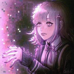 1girl artist_name black_shirt blush brown_hair collared_shirt danganronpa_(series) danganronpa_2:_goodbye_despair from_side galaga hair_ornament hand_up highres i_(taiyo_1710) jacket long_sleeves medium_hair nanami_chiaki neck_ribbon open_clothes open_jacket pink_eyes pink_ribbon ribbon shiny_skin shirt solo teeth two-tone_shirt upper_body white_shirt