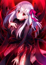 1girl absurdres barefoot blurry blurry_background body_markings breasts dark_persona dark_sakura darkness dress empty_eyes fate/stay_night fate_(series) fuyuki_(neigedhiver) hair_ribbon hand_on_own_chest heaven&#039;s_feel highres large_breasts long_hair looking_at_viewer matou_sakura no_pupils parted_lips pink_nails red_eyes red_ribbon ribbon sitting solo striped_clothes striped_dress wariza white_hair