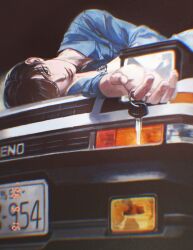 1boy black_hair blue_shirt car car_keys eyelashes headlight_beam highres holding holding_key initial_d key long_sleeves looking_at_viewer lying mazda_rx-7 mazda_rx-7_fc motor_vehicle on_side pale_skin parted_bangs photo_(object) rassiere retro_artstyle shirt short_hair solo solo_focus takahashi_ryousuke upper_body watch white_car wristwatch