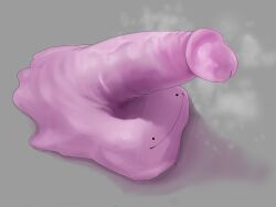 ._. animal_sexualization commentary_request ditto gen_1_pokemon grey_background highres marbleslime nintendo no_humans penis pokemon pokemon_(creature) shadow slime_(creature) smile solo steam transformed_ditto uncensored