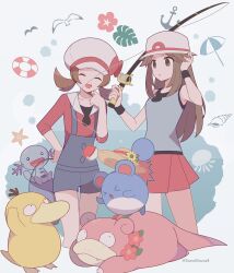 2girls 343rone absurdres beach_umbrella bird blue_overalls blue_shirt brown_hair cabbie_hat commentary_request conch cropped_legs fishing fishing_rod flower flower_necklace gen_1_pokemon gen_2_pokemon hands_on_own_head hat hat_flower hibiscus highres holding holding_fishing_rod jellyfish jewelry leaf_(pokemon) lifebuoy long_hair lyra_(pokemon) marill multiple_girls necklace nintendo overalls pleated_skirt poke_ball poke_ball_(basic) pokemon pokemon_frlg pokemon_hgss psyduck red_shirt red_skirt seagull shirt skirt slowpoke starfish sun_hat swim_ring twintails twitter_username umbrella white_hat wooper