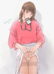 1boy brown_hair bulge clothes_lift crossdressing dress dress_lift dress_lifted_by_self erection erection_under_clothes floral_print_dress frilled_sleeves frills grey_eyes id_card lanyard lemicon long_hair long_sleeves mouth_hold original panties pantyhose penis_in_panties red_shirt shirt trap underwear