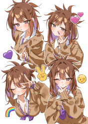 1girl absurdres bow bowtie breasts brown_eyes brown_hair brown_sweater cleavage closed_eyes collared_shirt colored_inner_hair emoji expressionless gyaru gyaru_v heart highres long_hair long_sleeves looking_at_viewer loose_bowtie misekiss multicolored_hair multiple_views one_eye_closed original purple_bow purple_bowtie purple_eyes purple_hair purple_nails rainbow shirt simple_background sweater v v_over_head white_background white_shirt