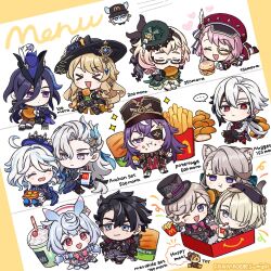 &gt;_&lt; ... 3boys 6+girls :i animal_ear_fluff animal_ears arlecchino_(genshin_impact) black_hair blonde_hair blue_eyes bow cat_ears cat_girl charlotte_(genshin_impact) chevreuse_(genshin_impact) chibi chicken_nuggets clorinde_(genshin_impact) closed_eyes commentary crossed_arms cup emilie_(genshin_impact) english_text eyepatch food food_on_face freminet_(genshin_impact) french_fries furina_(genshin_impact) genshin_impact glasses grey_hair hair_between_eyes hat holding holding_cup holding_food long_hair lynette_(genshin_impact) lyney_(genshin_impact) mcdonald&#039;s melusine_(genshin_impact) monocle multicolored_hair multiple_boys multiple_girls navia_(genshin_impact) neuvillette_(genshin_impact) one_eye_closed open_mouth pink_hair pointy_ears purple_hair sigewinne_(genshin_impact) sitting sparkle spoken_ellipsis standing sumipic symbol-only_commentary symbol-shaped_pupils top_hat twitter_username white_hair wriothesley_(genshin_impact) x-shaped_pupils