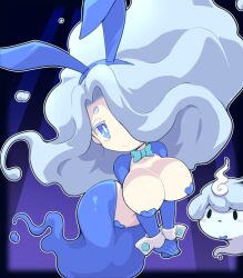 1girl animal_ears blue_eyes blue_hair bow bowtie breasts cleavage en&#039;enra enraenra_(youkai_watch) fake_animal_ears floating hair_over_one_eye heart_maebari heart_pasties koenra large_breasts long_hair looking_at_viewer maebari monster_girl navel nollety pasties rabbit_ears revealing_clothes reverse_bunnysuit reverse_outfit shrug_(clothing) smile solo_focus traditional_youkai wrist_cuffs youkai_(youkai_watch) youkai_watch