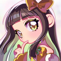 bare_shoulders black_hair blush bow choker commentary dress expressionless finger_to_own_chin from_side hair_bow highres himitsu_no_aipri index_finger_raised long_hair long_sleeves looking_at_viewer looking_to_the_side pipo_(pipopipopo00) pretty_series straight_hair strapless strapless_dress suzukaze_tsumugi symbol-shaped_pupils triangle-shaped_pupils upper_body yellow_bow yellow_choker yellow_dress yellow_eyes