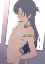1girl alternate_hairstyle blue_hair blue_pasties blush braid breasts brown_eyes closed_mouth clothes_lift ear_piercing from_side glint heart_pasties idolmaster idolmaster_(classic) kisaragi_chihaya long_hair nipples pasties piercing shirt_lift shorts small_breasts solo sweatdrop tank_top tengu_(tetuo_kun) white_tank_top