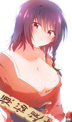 1boy 1girl absurdres akagami_akemitsu aoba_yutsuki blush braid breasts closed_mouth collarbone commentary_request covering_face highres japanese_clothes kimono large_breasts looking_at_viewer medium_hair nyaa_(nnekoron) obi purple_hair purple_sash red_eyes red_hair red_kimono sash simple_background smile solo_focus temple_(series) white_background