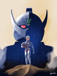 1boy blue_eyes creator_connection dark-skinned_male dark_skin gundam helmet highres long_hair loran_cehack male_focus mecha mobile_suit_gundam pilot pilot_suit robot science_fiction solo trap turn_a_gundam white_hair yatta_kita