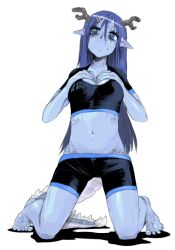 1girl antlers bags_under_eyes bare_legs barefoot black_shirt black_shorts blue_eyes blue_hair blue_skin blue_tail blue_trim breasts cleavage closed_mouth collarbone colored_skin crop_top dragon_girl dragon_tail eyelashes frown full_body futaba_channel grey_horns groin hair_between_eyes hair_ornament hairclip hands_on_own_chest hands_up horns kneeling long_hair medium_breasts navel nijiura_maids oso_(toolate) pointy_ears scales seiryuu_(nijiura_maids) shadow shirt short_sleeves shorts simple_background solo straight_hair sweat tail white_background