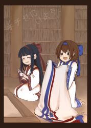 2girls ainu_clothes barefoot black_eyes blue_hair breasts brown_hair closed_eyes dot_eyes feet fingerless_gloves gloves hair_ribbon happy highres japanese_text kneeling long_hair looking_at_viewer multiple_girls nakoruru needle open_mouth pants ribbon rimururu samurai_spirits siblings sisters sitting small_breasts smile snk tongue translation_request