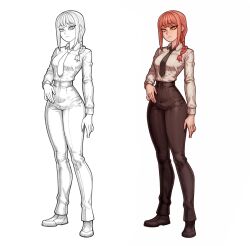1girl absurdres arm_at_side black_necktie black_pants black_shoes braid braided_ponytail business_suit chainsaw_man collared_shirt formal_clothes full_body greyscale hatching_(texture) high-waist_pants highres long_sleeves makima_(chainsaw_man) monochrome multiple_views necktie office_lady pants red_hair redteneri ringed_eyes shirt shirt_tucked_in shoes sidelocks sketch standing suit white_background wide_hips yellow_eyes