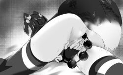 Rule 34 | 1girl, anal, anal beads, anal object insertion, animal ears, ass, bar censor, blush, bottomless, censored, commentary request, elbow gloves, female masturbation, fingerless gloves, from behind, gloves, greyscale, highres, kemono friends, lying, masturbation, monochrome, multicolored hair, object insertion, on stomach, sex toy, short hair, simple background, skindentation, skirt, skunk ears, skunk girl, skunk tail, solo, spotted skunk (kemono friends), spread legs, steam, sweat, tail, thighhighs, ykt scl