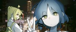 2girls absurdres ahoge blonde_hair blue_hair bocchi_the_rock! detached_ahoge hair_ornament hairclip highres ijichi_nijika long_hair looking_at_viewer machuuu68 medium_hair mole mole_under_eye multiple_girls red_eyes shirt side_ponytail v white_shirt yamada_ryo yellow_bag yellow_eyes