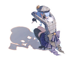 absurdres back_bow beret black_gloves black_thighhighs blue_hair bow cat_shadow_puppet_(meme) commentary_request crown different_shadow dress earrings finger_gun fingerless_gloves from_side full_body glove_cutout gloves grey_dress grey_hat hat high_heels highres hololive hoshimachi_suisei hoshimachi_suisei_(1st_costume) jewelry layered_skirt meme mini_crown overskirt photo-referenced plaid_clothes plaid_dress plaid_hat revision simple_background single_thighhigh skirt star_(symbol) star_earrings thighhighs three-quarter_sleeves tsubasasekai virtual_youtuber white_background
