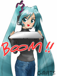 1girl alternate_costume apple apple_inc. aqua_eyes aqua_hair blush computer cosplay denim digital_media_player female_focus food fruit hair_ornament hatsune_miku headset ipod ipod_classic jeans laptop long_hair macbook macintosh maguta maguta_(c-arts) pants real_life solo steve_jobs steve_jobs_(cosplay) sweater turtleneck twintails very_long_hair vocaloid