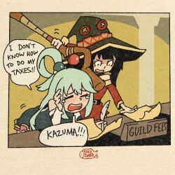 2girls aqua_(konosuba) artist_name bandages blue_hair blue_shirt blue_skirt blush casting_spell crying crying_aqua_(meme) desk detached_sleeves doing_taxes dress english_text hair_ornament hair_rings hat hirotonfa holding holding_paper holding_quill holding_staff kono_subarashii_sekai_ni_shukufuku_wo! long_hair megumin meme multiple_girls off-shoulder_dress off_shoulder open_mouth paper quill red_dress shirt short_hair_with_long_locks signature single_hair_ring skirt speech_bubble staff table tears witch_hat writing