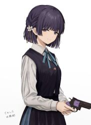 Rule 34 | 1girl, absurdres, blue ribbon, blue skirt, blue vest, closed mouth, collared shirt, cowboy shot, finger on trigger, flower, gakuen idolmaster, gun, hair flower, hair ornament, half-closed eyes, handgun, hataya misuzu, hatsuboshi gakuen school uniform, highres, holding, holding gun, holding weapon, ibuki (ibuki0118), idolmaster, light smile, long sleeves, looking at viewer, mole, mole under mouth, neck ribbon, pleated skirt, purple eyes, purple hair, revolver, ribbon, school uniform, shirt, short hair, skirt, smile, solo, translation request, vest, weapon, white background, white shirt