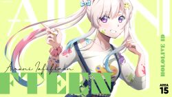 Rule 34 | absurdres, airani iofifteen, airani iofifteen (1st costume), blue bow, blue nails, blue overalls, bow, character name, copyright name, hair bow, highres, hololive, hololive indonesia, kuroyuki-mitsuki, looking at viewer, multicolored nails, nail polish, overalls, paint on body, palette hair ornament, pink hair, purple eyes, shirt, smile, solo, virtual youtuber, white shirt, yellow nails