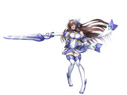 1girl bare_shoulders boots breasts brown_eyes brown_hair cleavage covered_navel detached_sleeves dress elbow_gloves exs-tia floating_hair full_body gloves gunblade hair_between_eyes high_heel_boots high_heels highres holding holding_sword holding_weapon katsuragi_marina kouyoku_senki_exs-tia kozu_rokuta large_breasts long_hair lusterise simple_background skirt solo standing sword thigh_boots thighhighs very_long_hair weapon white_background white_gloves zettai_ryouiki