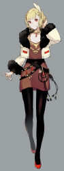 Rule 34 | 1girl, absurdres, belt, black belt, black pantyhose, blonde hair, breasts, brown dress, citrinne (fire emblem), cleavage, closed mouth, commentary request, dress, earrings, fire emblem, fire emblem engage, fur-trimmed sleeves, fur trim, grey background, hair ornament, highres, jacket, jewelry, looking at viewer, medium breasts, necklace, nintendo, open clothes, open jacket, pantyhose, red eyes, red shoes, shoes, short hair, signature, simple background, solo, white jacket, yachimata 1205