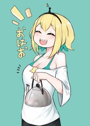1girl :d ^_^ amano_pikamee aqua_background aqua_hair bare_shoulders black_hairband black_shorts blonde_hair blush breasts cleavage closed_eyes coffee_pot collarbone colored_inner_hair facing_viewer green_background green_hair hairband highres holding kettle large_breasts multicolored_hair nin_fake off-shoulder_shirt off_shoulder open_mouth sharp_teeth shirt short_hair shorts simple_background smile solo teeth two-tone_hair virtual_youtuber voms white_shirt wide_sleeves