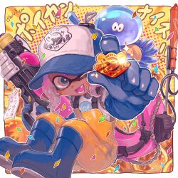 1girl baseball_cap blue_boots blue_eyes blue_gloves boots gloves hat highres hyaku_(momongamomomo) inkling inkling_girl inkling_player_character jellyfish_(splatoon) knee_boots long_hair nintendo one_eye_closed overalls pink_hair pink_tongue pointy_ears rubber_boots rubber_gloves salmon_run_(splatoon) solo splatoon_(series) splattershot_nova_(splatoon) teeth tentacle_hair translation_request yellow_overalls