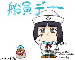 1girl artist_name black_hair chibi dated grey_eyes legs long_hair looking_at_viewer mamahaha nakoruru pants sailor_collar salute samurai_spirits snk the_king_of_fighters thighs translation_request
