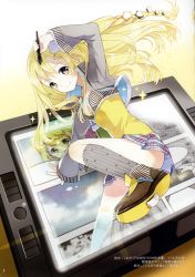 1girl absurdres arm_up blazer blonde_hair blush commentary drawing_tablet dress female_focus grey_socks highres jacket kicking kneehighs legs long_sleeves looking_at_viewer short_hair socks solo stylus sweater_vest through_medium through_screen tiv yellow_eyes