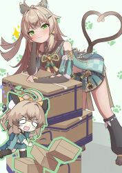 Rule 34 | ahoge, animal feet, back bow, bow, box, brown hair, cardboard box, cat girl, chibi, chinese clothes, clumsy, commentary request, detached sleeves, dress, genshin impact, green background, green dress, green eyes, green outline, green skirt, hair bow, hair ornament, hairpin, hand on own cheek, hand on own face, heart, heart tail, highres, kirara (genshin impact), kneehighs, leaning forward, long hair, midriff peek, miniskirt, multiple tails, multiple views, navel, outline, paw print, pleated skirt, ribbon, sakigh, simple background, skirt, socks, sparkle, tail, tassel, tearing up, two tails, x hair ornament