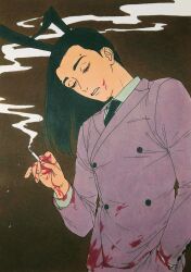Rule 34 | 59awakadoy, animal ears, black hair, black necktie, blood, blood on clothes, blood on face, blood on hands, brown background, buttons, cigarette, collared shirt, commentary request, cowboy shot, double-breasted, fake animal ears, half-closed eyes, hand in pocket, highres, holding, holding cigarette, jacket, long sleeves, looking down, medium hair, mole, mole on forehead, necktie, original, parted lips, purple eyes, purple jacket, rabbit ears, shirt, smoke, smoke trail, smoking, standing, traditional media, white shirt