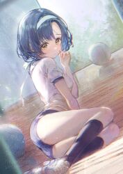 Rule 34 | 1girl, ass, blue hair, breasts, brown eyes, buruma, commentary request, commission, expressionless, gym uniform, headband, highres, idolmaster, idolmaster cinderella girls, kuroda kuroko, looking at viewer, shiragiku hotaru, short hair, skeb commission, small breasts, solo